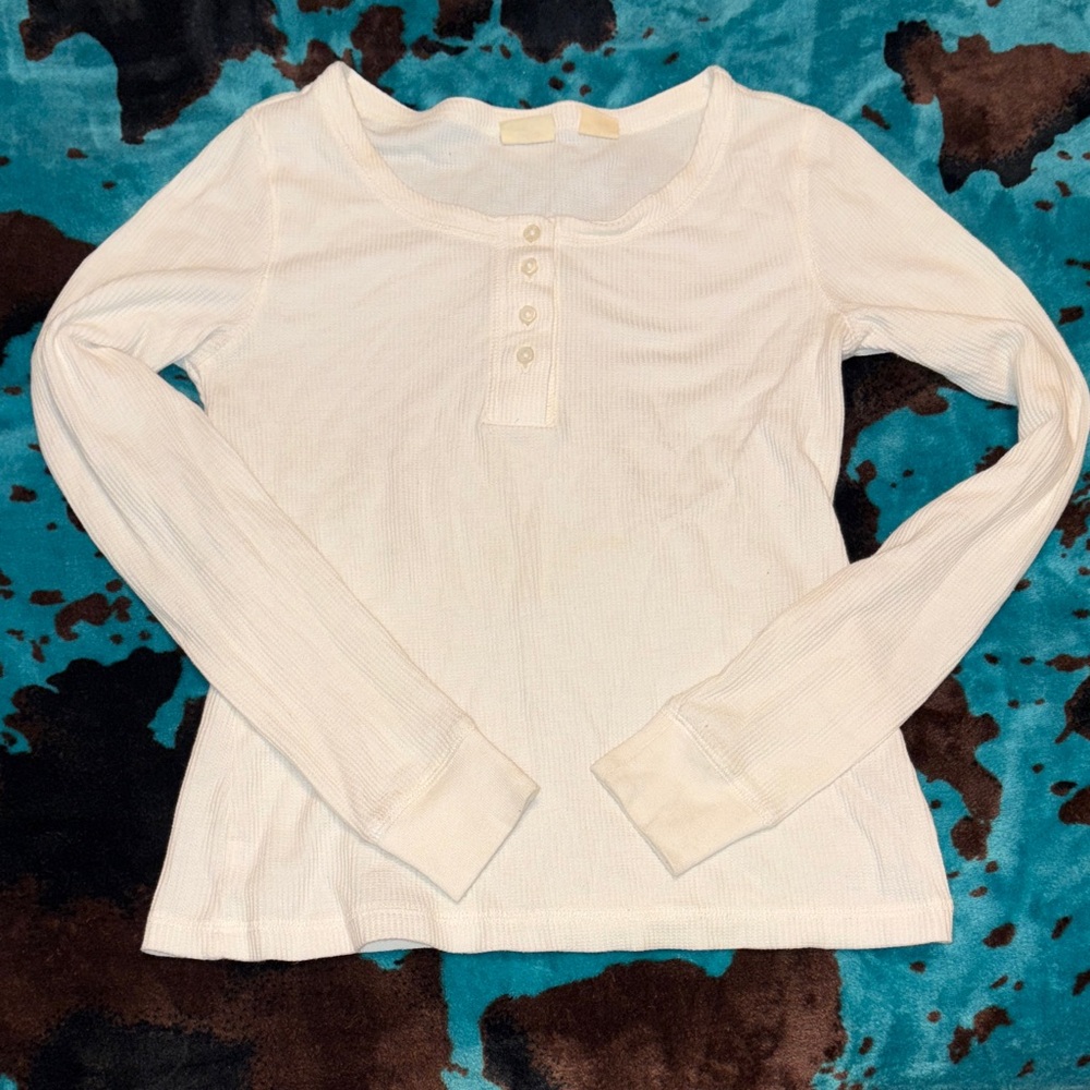 White Ribbed Long Sleeve Henley Top
